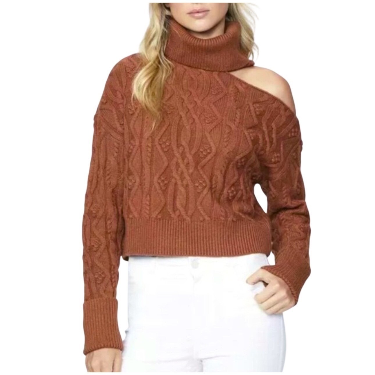 $279 Paige Raundi Cable Knit Turtleneck Crop Sweater Cut Out Shoulder Brown Sz S
